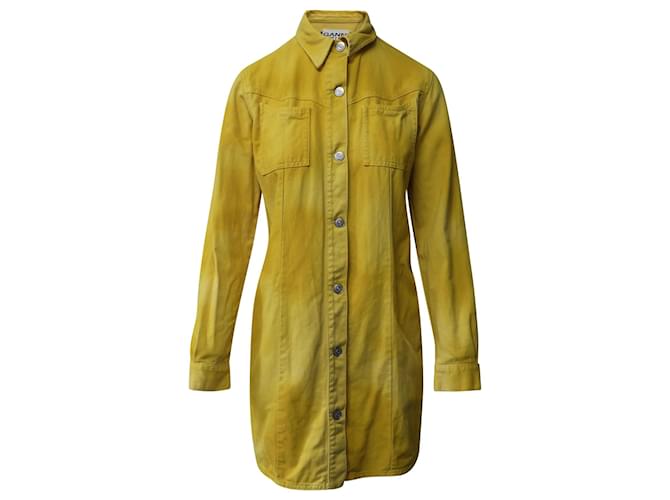 Ganni Denim Button Front Shirt Mini Dress in Yellow Cotton   ref.870038