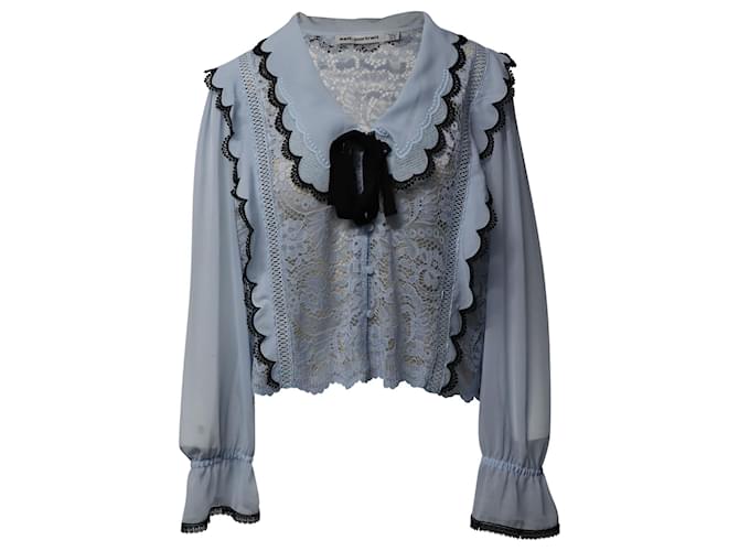 Self Portrait Lace Trimmed Crepe Chiffon Blouse in Blue Polyester  ref.870094