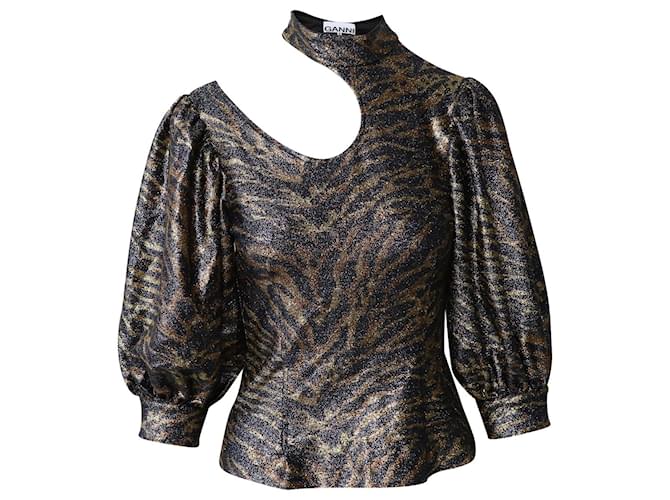 Ganni Tiger Print Puff Sleeve Lurex Knit Top in Multicolor Polyester   ref.870115