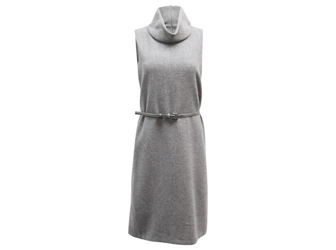 Max Mara Belted Turtle Neck Sleeveless Midi Dress in Grey Wool   ref.870119