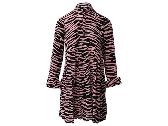 Ganni Langarm-Minikleid mit Leopardenmuster in schwarzer und rosafarbener Viskose Zellulosefaser  ref.870148