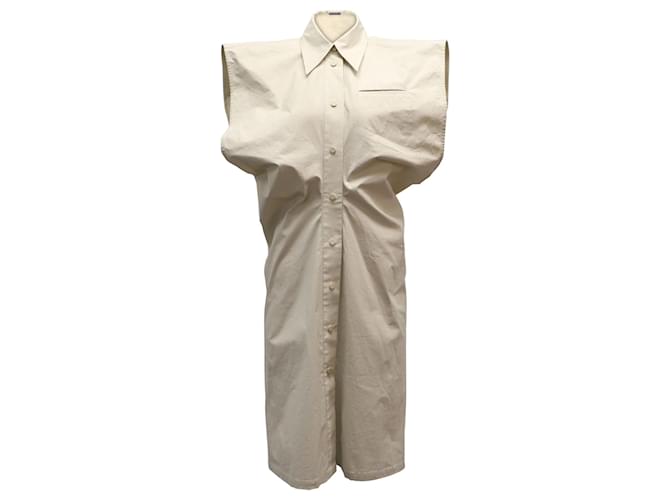 Bottega Veneta Robe chemise boutonnée sur le devant Dramatic Cap-Sleeve en coton beige  ref.870207