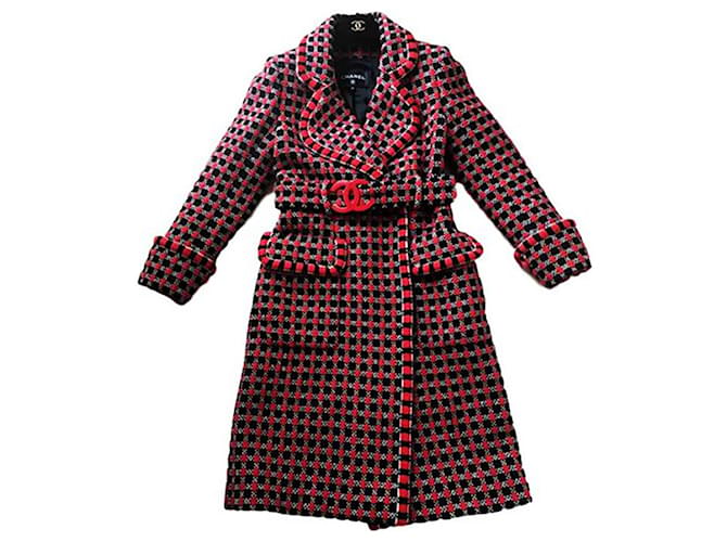 Chanel Cintura CC Cappotto in tweed rosso e nero Multicolore  ref.870242