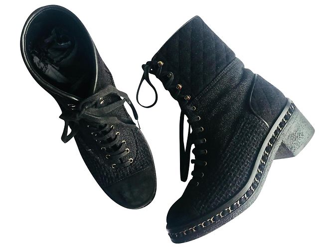 Chanel Tweed Chain Combat Boots Black