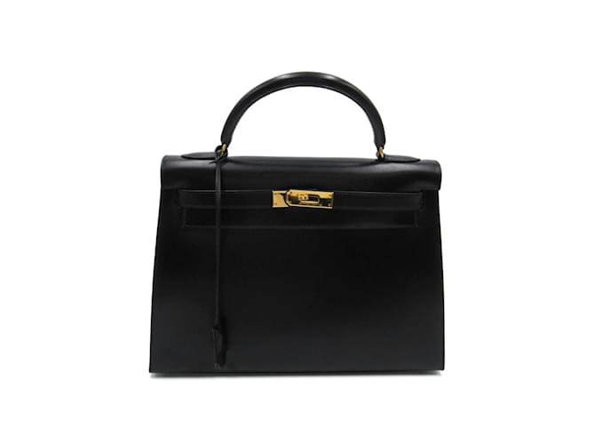 Hermès Box Calf Kelly 32 Black Leather Pony-style calfskin  ref.870676