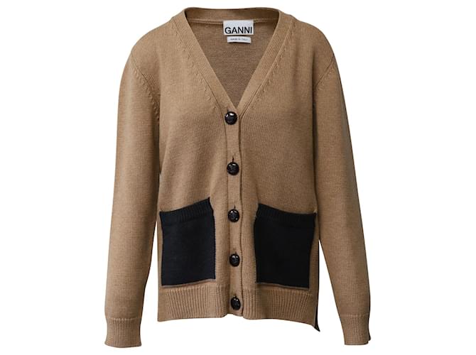Ganni Button-Front Cardigan in Brown Merino Wool Beige  ref.870947