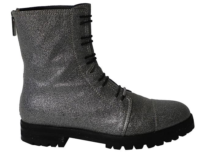 Jimmy Choo Glitter Combat Boots in Silver Polyester Silvery