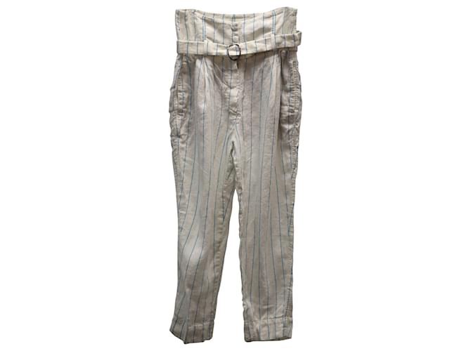 Brunello Cucinelli Pantalones a rayas con cinturón en lino blanco  ref.871025