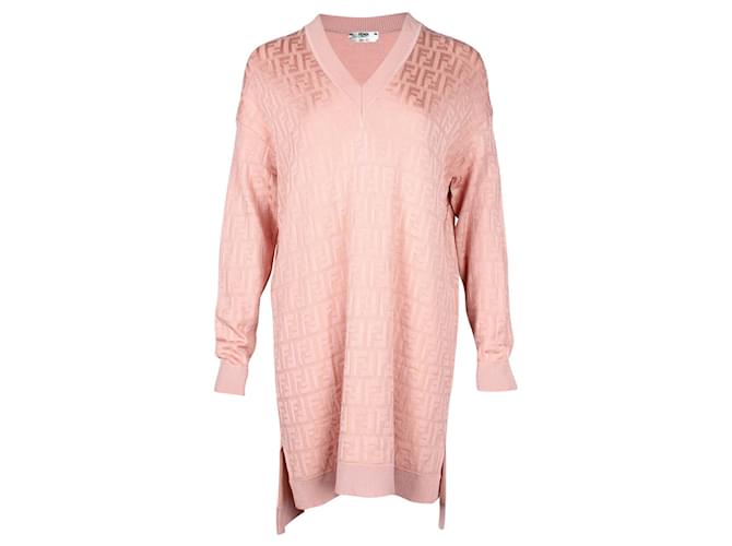Suéter extragrande de punto con cuello de pico y motivo FF en algodón rosa Abito de Fendi  ref.871028