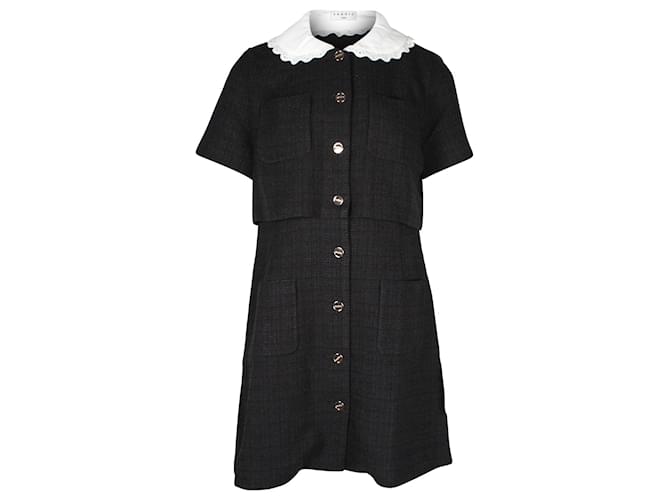 Sandro Paris Scalloped Collar Faustine Short Dress in Black Tweed Wool  ref.871094