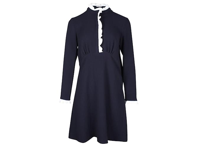 Sandro Paris Ruffle Trim Knee-Length Dress in Navy Blue Polyester  ref.871118