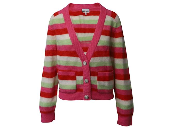 Ganni Crystal Button Striped Cardigan aus mehrfarbiger Wolle Mehrfarben  ref.871163