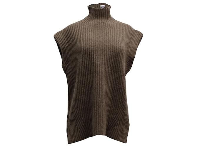 Ganni High Neck Ribbed-Knit Vest in Brown Wool  ref.871249