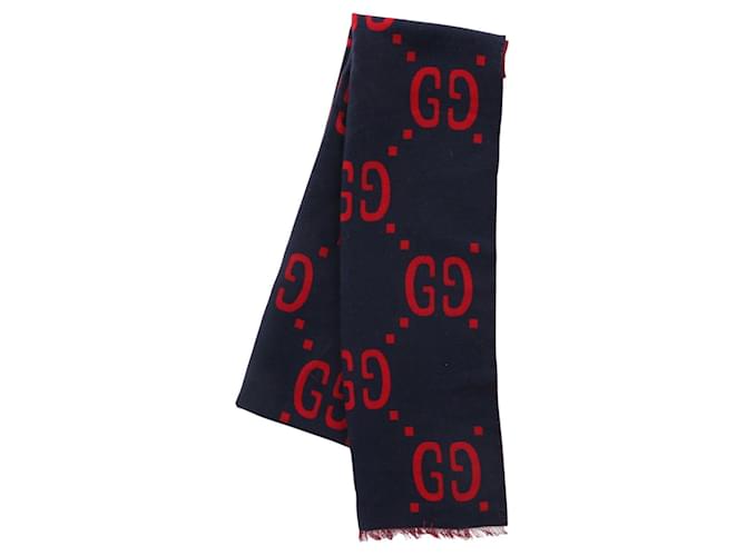 Blue / Red GG Jacquard Wool Silk Scarf