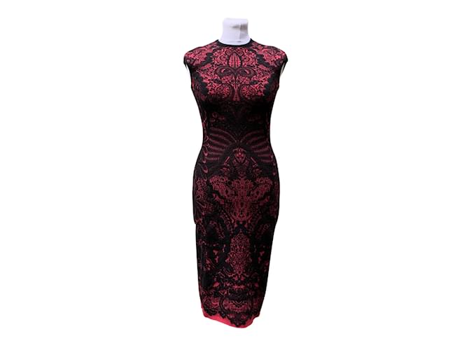 Alexander Mcqueen Rotes, schwarzes, figurbetontes Kleid aus Spitze mit Intarsiengröße, Größe S Wolle  ref.871988