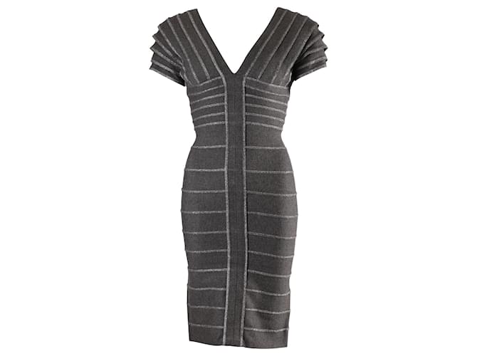 Herve Leger Threaded V-neck Sheath Dress in Grey Rayon Cellulose fibre  ref.872462