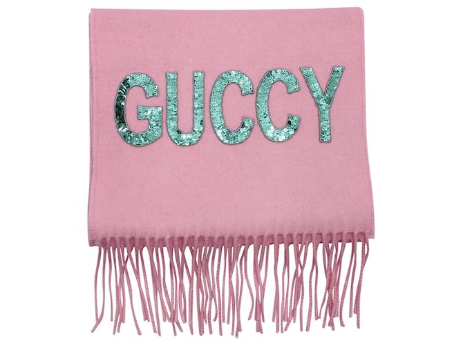Sciarpa impreziosita da paillettes con frange Gucci in seta rosa e misto cashmere  ref.872491