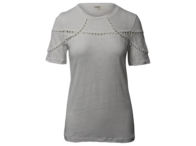 Maje Turan Lace Inserts T-shirt in White Linen  ref.872502