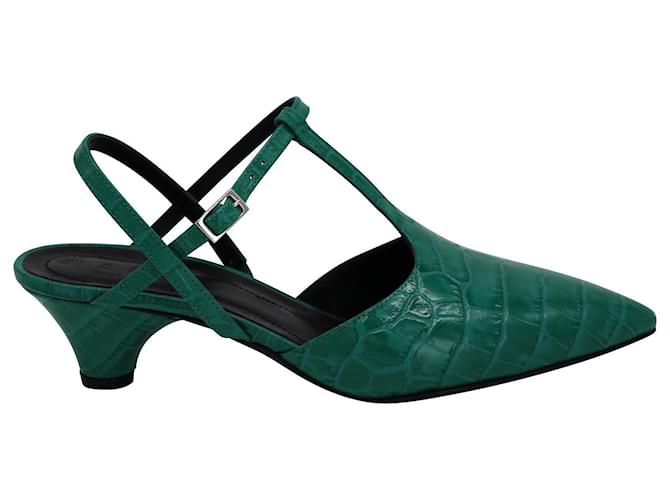 Marni T-Steg-Sandalen mit spitzer Zehenpartie aus grünem Leder mit Krokodileffekt  ref.872516
