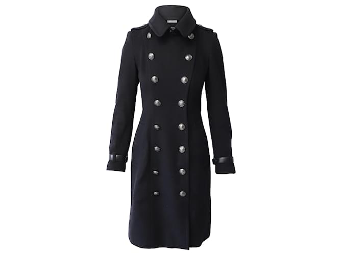 Trench-coat à boutonnage doublé Burberry avec détails en cuir en laine noire  ref.872526