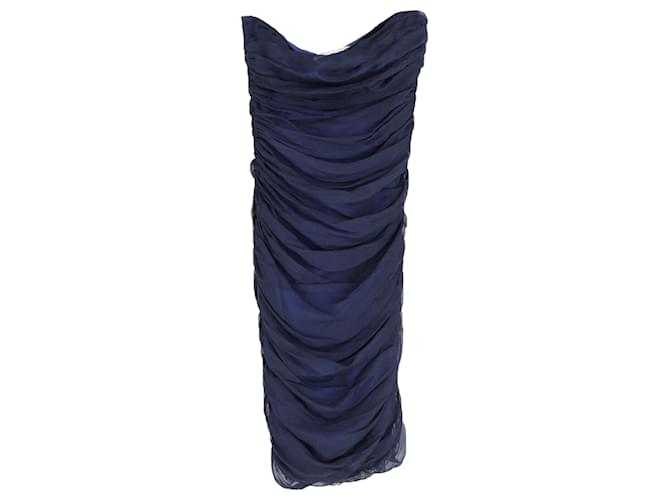 Diane Von Furstenberg Vestido midi sem alças franzido Lelette em seda azul marinho  ref.872535