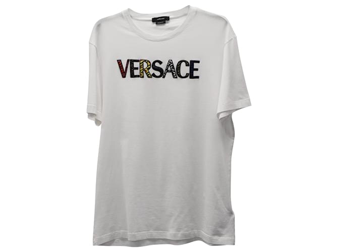 T-shirt con stampa logo Versace in cotone bianco  ref.872549