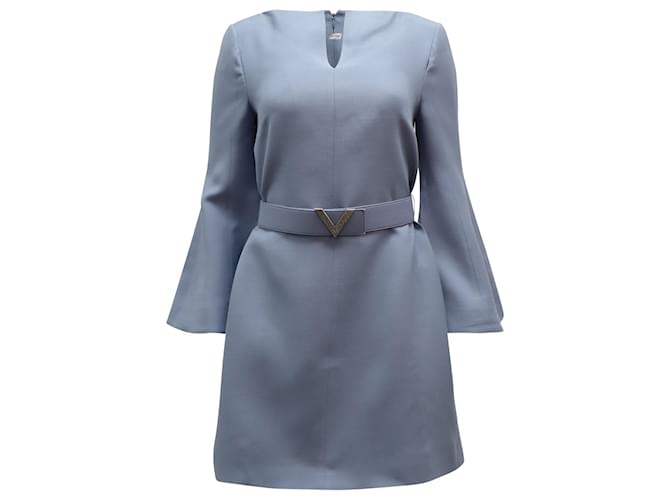 Valentino Crystal-embellished Belted Mini Dress in Light Blue Wool  ref.872555