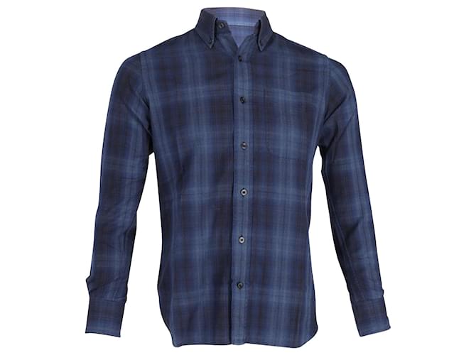 Tom Ford Plaid Button-Down Shirt in Navy Blue Cotton  ref.872585