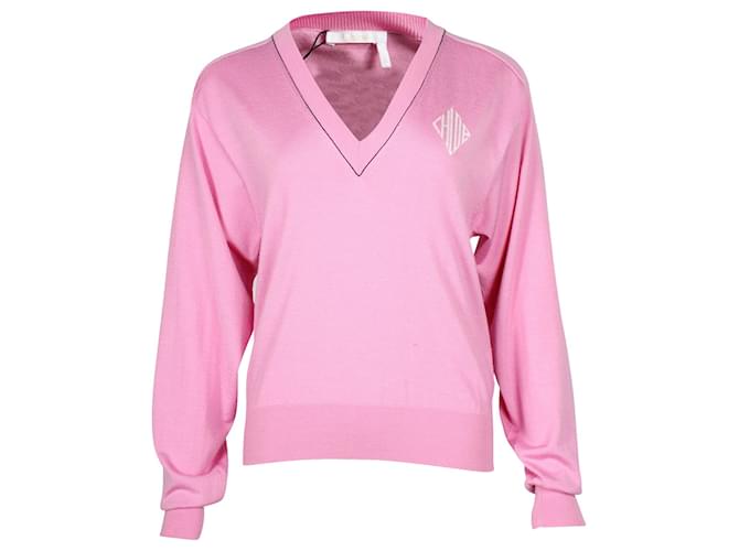 Chloé Chloe Diamond Logo V-Ausschnitt-Pullover aus Baumwolle in Dahlienrosa Pink  ref.872604