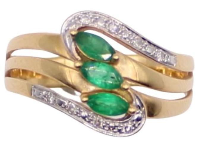 Autre Marque Trilogie-Ring aus Shuttle-Smaragden und Gelbgold-Diamanten 750%O Hellgrün Gold hardware Gelbes Gold  ref.872899