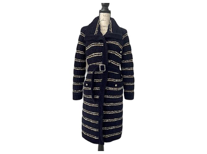 Chanel 2020 Runway Belted Velvety Coat Blue Wool  ref.873520