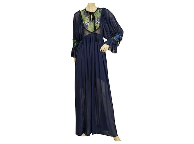 Autre Marque Marilena Z Blue Embroidered Bib Tulle Open Back Maxi Long Dress size OS Green Silk Cotton  ref.873580