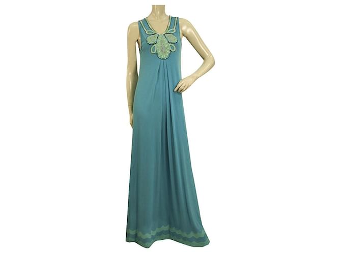 Autre Marque Ranna Gill Blue Turquoise Embroidered Bib Sleeveless Maxi Long Dress size S Green Polyester  ref.873582