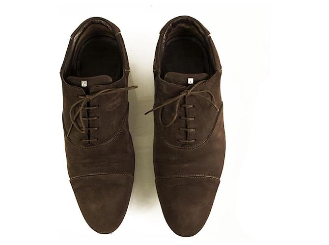 Louis Vuitton Men's Brown Damier Embossed Oxfords Rubber Sole Lace Up Shoes 8 Suede  ref.873597