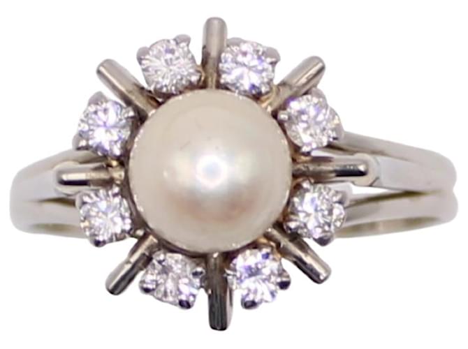 Autre Marque Bague marguerite avec perle centrale et entourage de diamants or blanc 750%o Bijouterie argentée  ref.873654