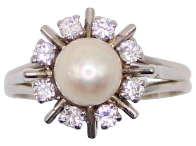 Autre Marque Anillo Daisy con perla central y séquito de diamantes en oro blanco 750%O Hardware de plata