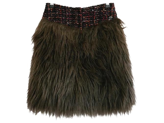 CHANEL Fall 2010 Tweed & Faux Fur Skirt Brown  ref.873827