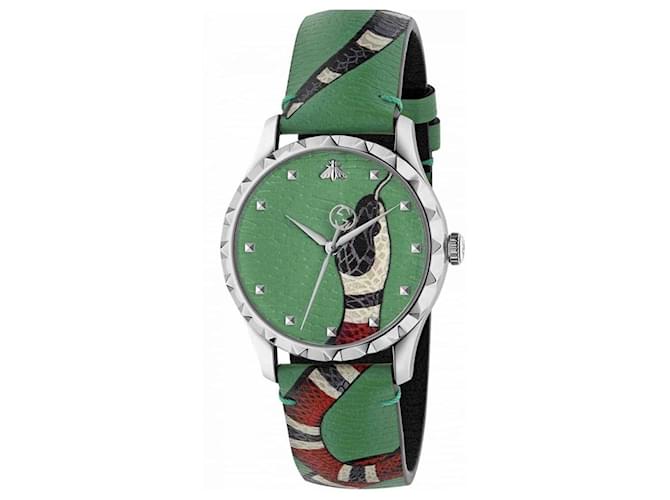 YA1264081 Unisex-Gucci-Uhr mit Schlangenmuster, gemischter Mann und Frau Grün Leder  ref.873860