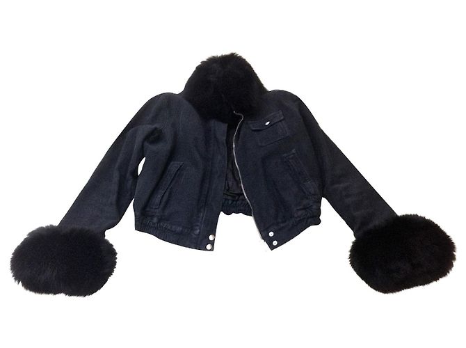 Giacca Bomber Blumarine in Denim Nero e Pelliccia di Volpe