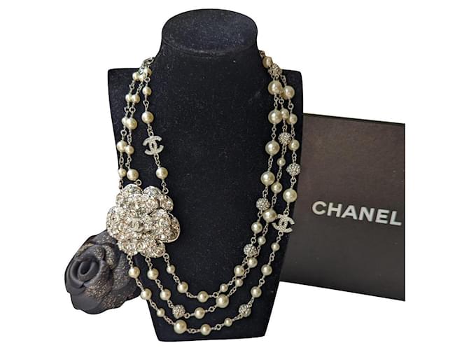 Chanel CC A12C SHW 3 Strand Pearl Crystal Logo Camellia Necklace