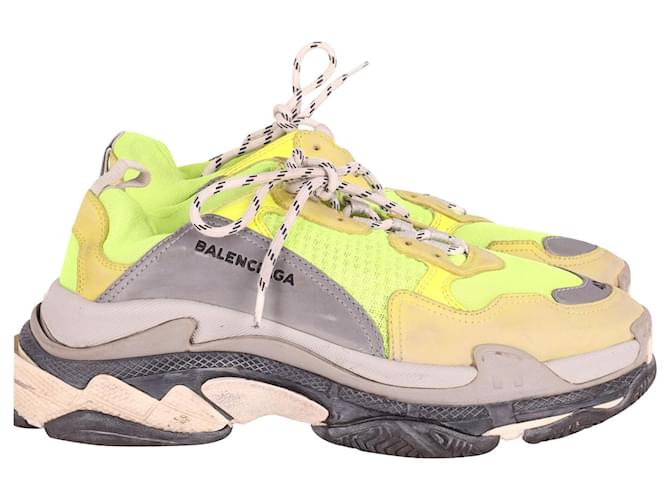 First Balenciaga Neon Triple S Sneakers in Yellow Grey Leather and Mesh   ref.874532
