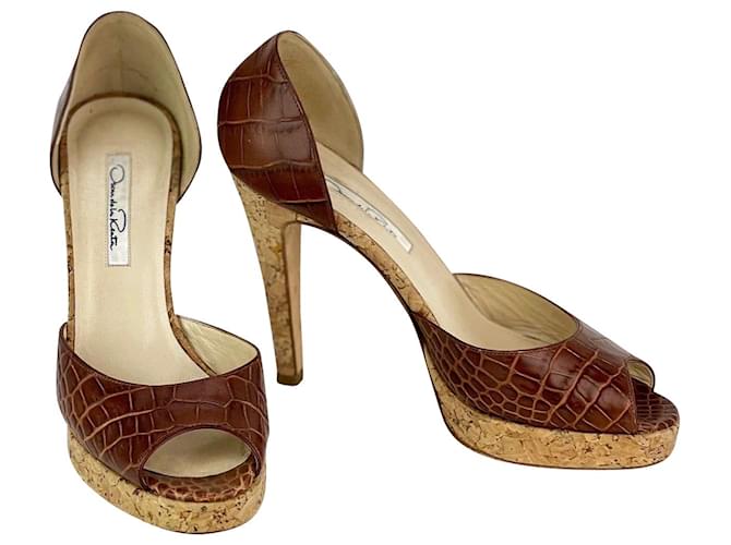 Oscar de la Renta peep toe crocodile cork heel shoe Brown Leather  ref.874551