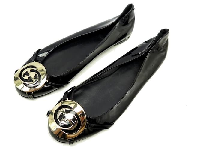 GUCCI LOGO GG BUCKLE BALLERINA SHOES 296090 37.5IT 38.5 FR BLACK LEATHER Patent leather  ref.875171
