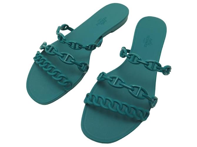 Hermès NEW HERMES RIVAGE ANCHOR CHAIN SANDALS 40 GREEN SHOES GREEN RUBBER  ref.875243