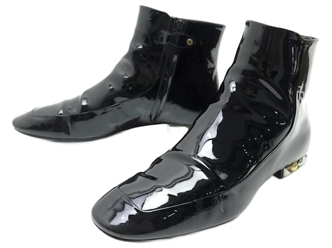 LOUIS VUITTON SIXTIES FLAT ANKLE BOOT SHOES 40 Patent leather ankle boots Black  ref.875292