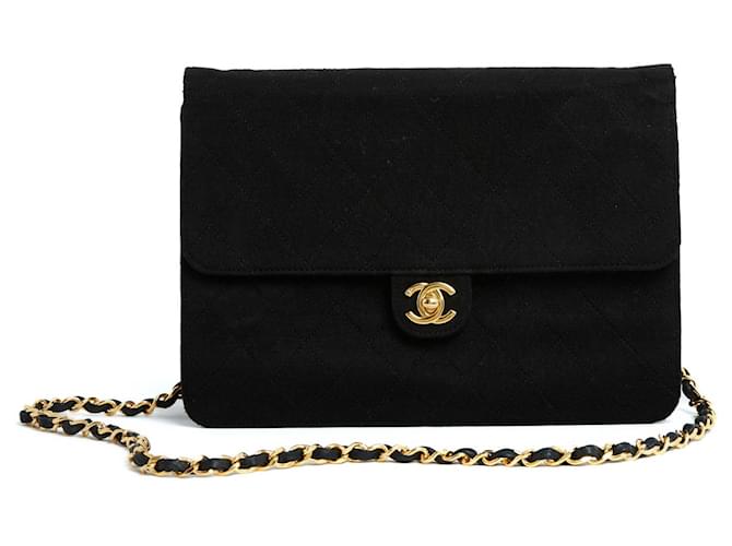 Chanel Classique Shoulder Jersey Black Pristine Laine Métal Noir Bijouterie dorée  ref.875332