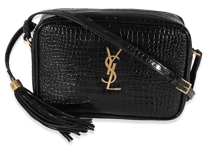 SAINT LAURENT Lou Croc-Embossed Camera Bag in Black Leather