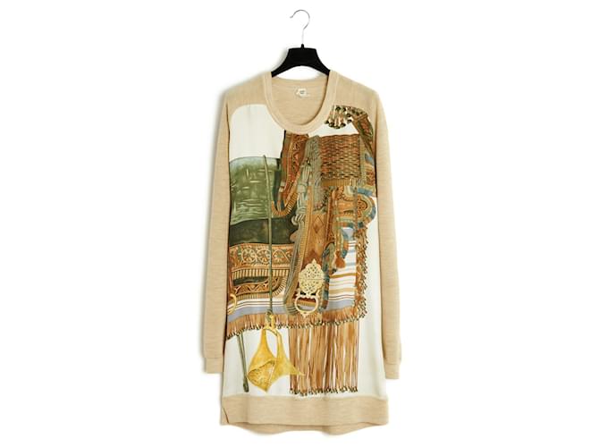 Hermès Selle d'Apparat marocaine Dress Tunique FR38 Soie Laine Beige  ref.876172