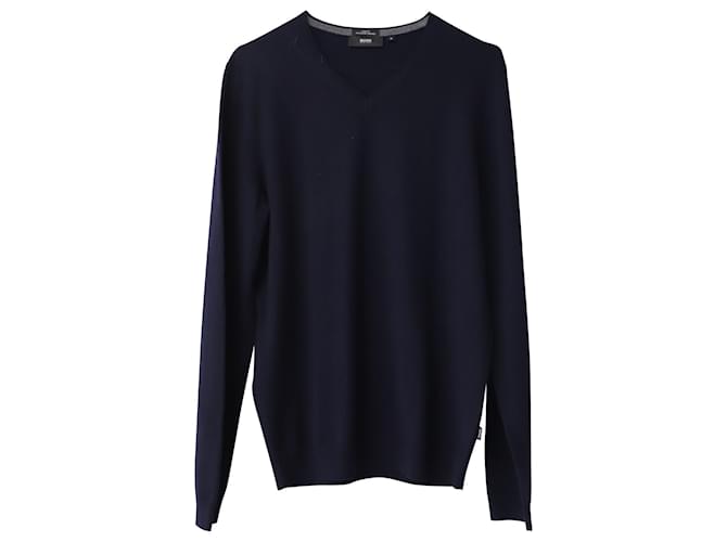 Hugo Boss Boss Slim Fit V-Neck Sweater in Navy Blue Merino Wool  ref.876499