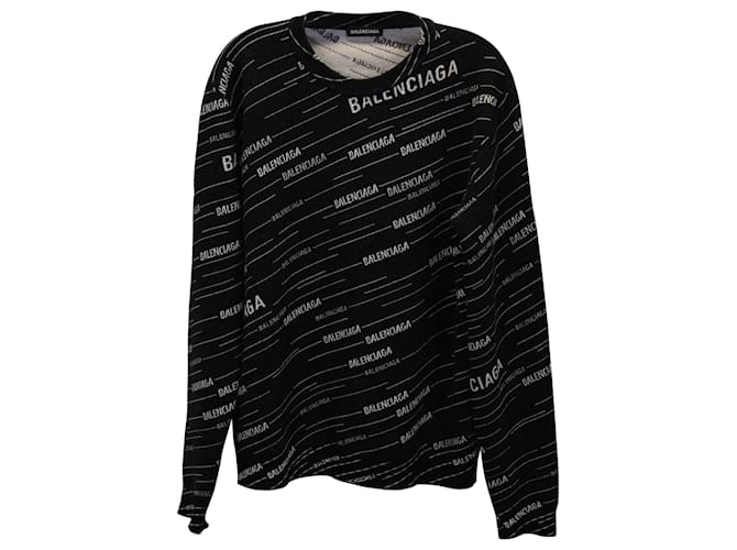Suéter de gola redonda com logotipo Balenciaga em lã preta estampada  ref.876545